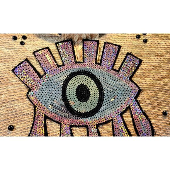 Vintage Handcrafted Straw "Evil Eye" Purple Sequin Beach Tote Purs - Picture 4 of 16